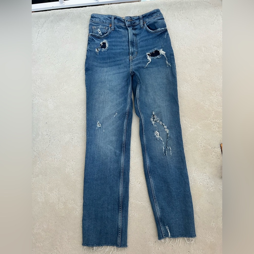 We The Free Cropped Jeans Women's Size 28 Blue High Rise Raw Hem Distressed